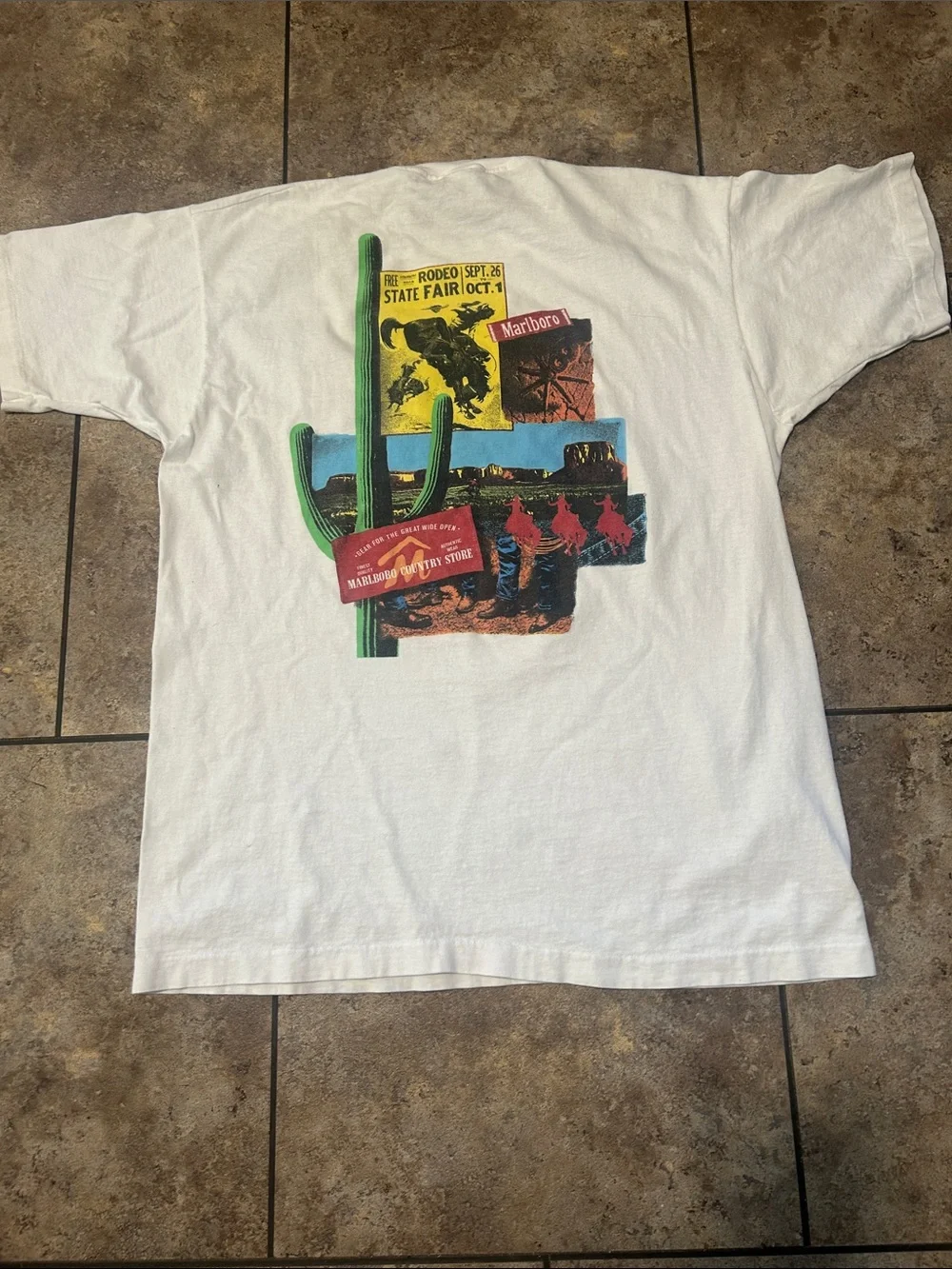 90’s Vintage Marlboro White Tee with Green Cactus and Blue Desert Print Pocket T